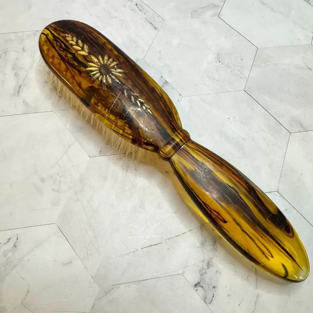 Vintage Amber Lucite Hair Brush Faux Tortoise Shell Nylon Bristles Floral Enamel